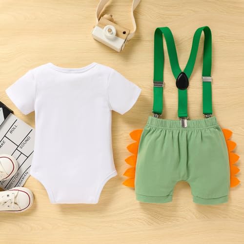 Viworld Baby Boy Cake Smash Clothes Dinosaur Romper Suspenders Short Pants 3Pcs First Birthday Outfits for Photo Prop Party Saurus(Green#A,12-18M) - Image 3