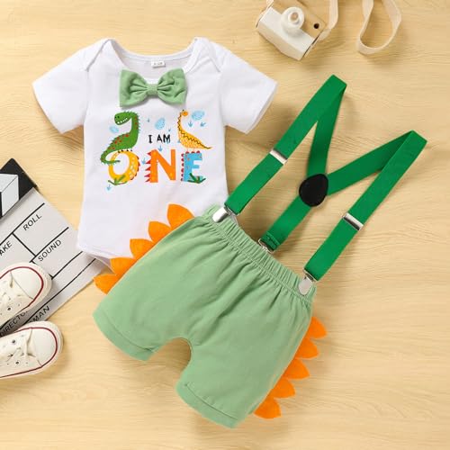 Viworld Baby Boy Cake Smash Clothes Dinosaur Romper Suspenders Short Pants 3Pcs First Birthday Outfits for Photo Prop Party Saurus(Green#A,12-18M) - Image 2