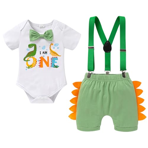 Viworld Baby Boy Cake Smash Clothes Dinosaur Romper Suspenders Short Pants 3Pcs First Birthday Outfits for Photo Prop Party Saurus(Green#A,12-18M) - Image 1