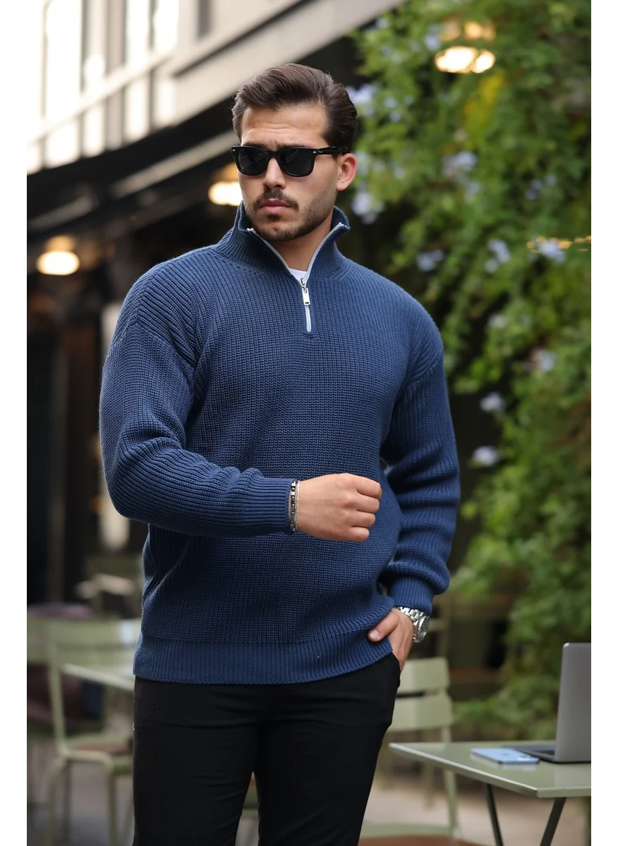 Valiberta Oversize Selanik Knit Half Zipper Men's Knitwear Sweater - Indigo