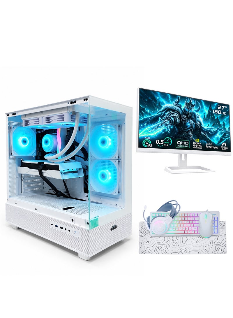 عرب جيمرز حزمة كمبيوتر ألعاب أبيض - معالج Intel Core i5-14400F، بطاقة رسومات NVIDIA GeForce RTX 5060 8GB، ذاكرة وصول عشوائي 16GB، قرص صلب 1TB NVMe SSD، شاشة QHD 180Hz بحجم 27 بوصة، لوحة مفاتيح، ماوس، وسماعة رأس - Image 1