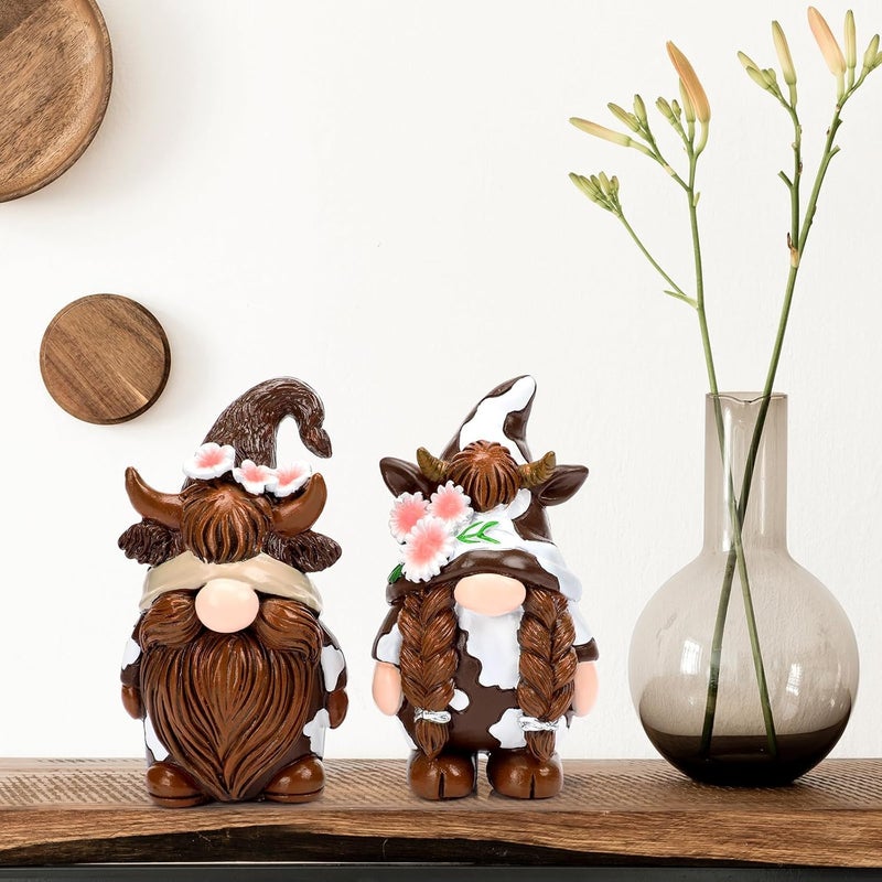 Shappy 2 Pcs Gnomes Decor Gnomes Decorations for Home Gnome Gifts Gnomes Figurine Table Gnome Ornaments Spring Summer Gnome Decorations Gifts for Home(Highland Cow Style) - Image 5