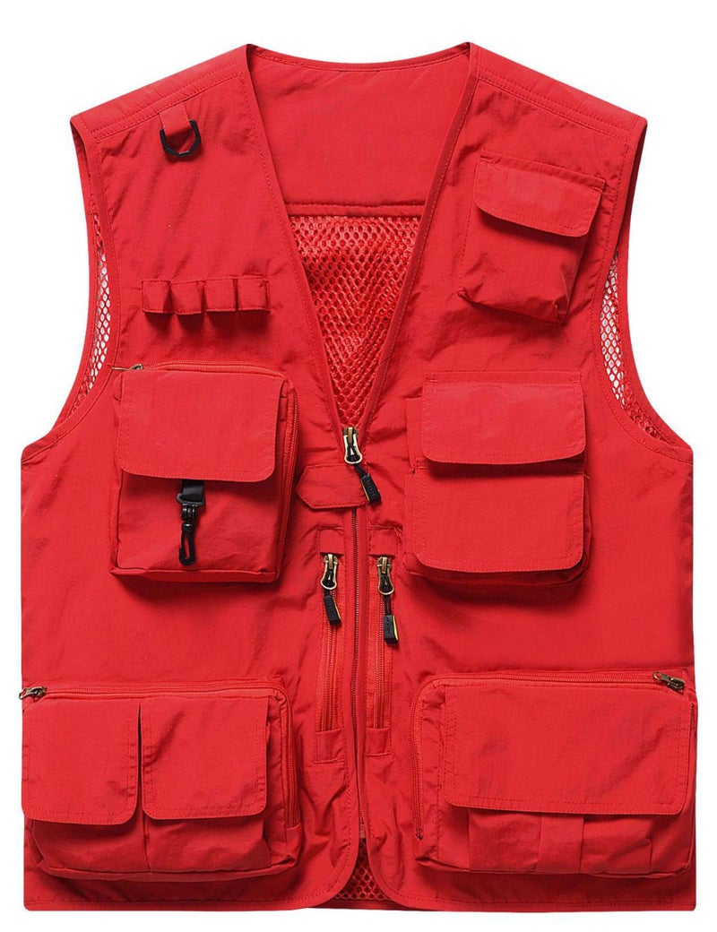 سترة فيغو للرجال خفيفة الوزن غير رسمية في الهواء الطلق لصيد السمك والعمل والسفاري والسفر والتصوير متعددة الجيوب صغيرة حمراء