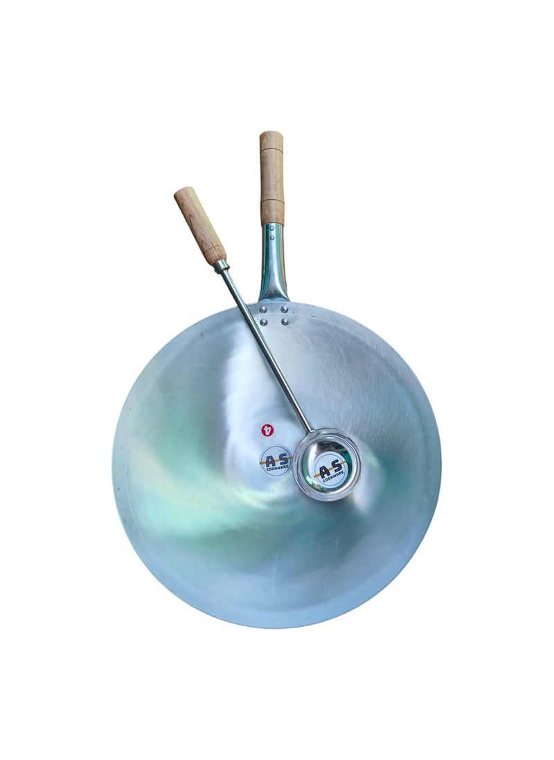 AS A S Shiny Quoted Chinese woks Chinese Iron Kadai with Wooden HandleWok with Stainless Steel Big Size LADDLE with Wooden Handle 12 Inch 3048 cm  - Image 2