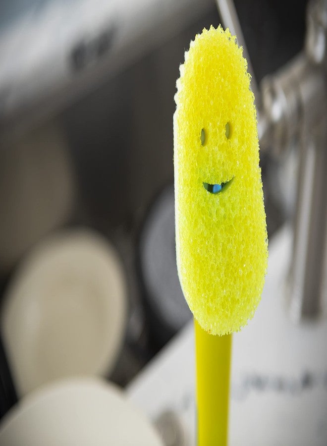 Scrub Daddy عصا غسيل سكراب دادي، فرشاة غسيل صحون بتوزيع الصابون، إسفنجة غسيل بتغيير القوام مع مقبض سائل، كاشط مدمج ورأس فرك قابل للفصل، قاعدة تنقيط، صفراء - Image 4