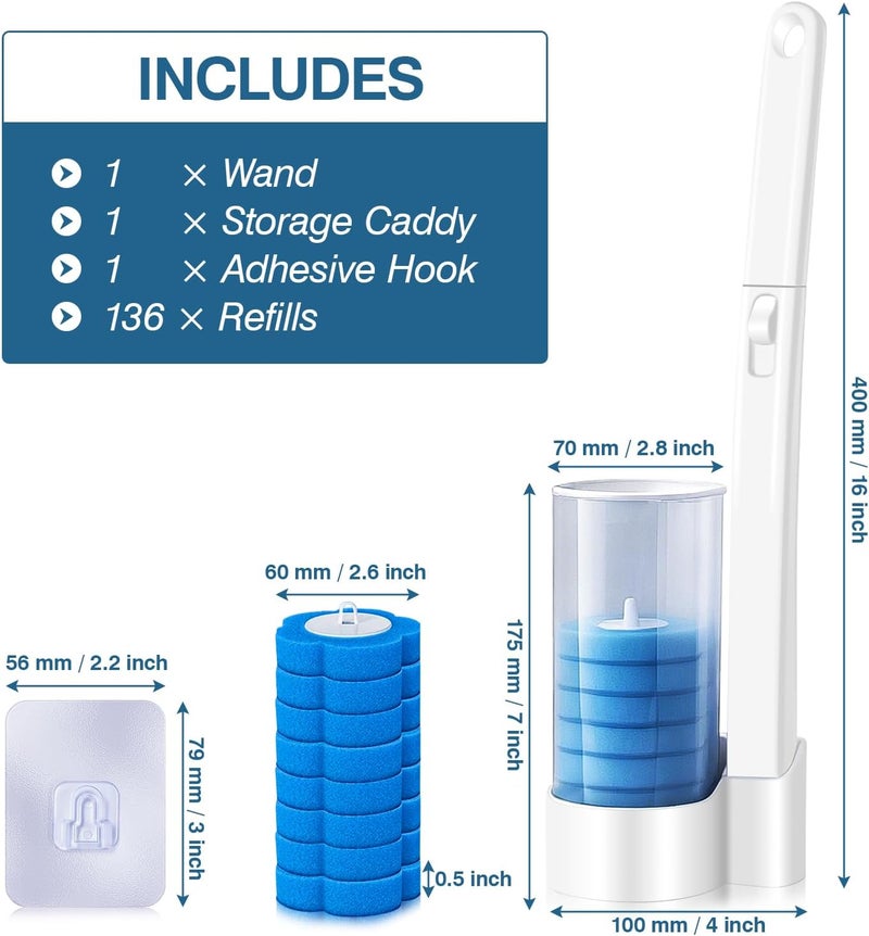 MITINU Disposable Toilet Brush with 136 Refills, Toilet Bowl Wand and Holder, White Toilet Cleaning Brush, Toilet Bowl Wand Kit Wall-Mounted, Toilet Brush Refill for Efficient and Deep Scrub Toilet - Image 2