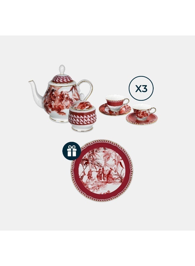 Baci milano Porcelain Tea Set 9 Pieces for 6 Persons – Le Rouge Collection, Teapot, Sugar Bowl, Tea Cups, Gift Cake Plate, Elegant Tableware, Home, Gift, Italian Design by Baci Milano - Image 1