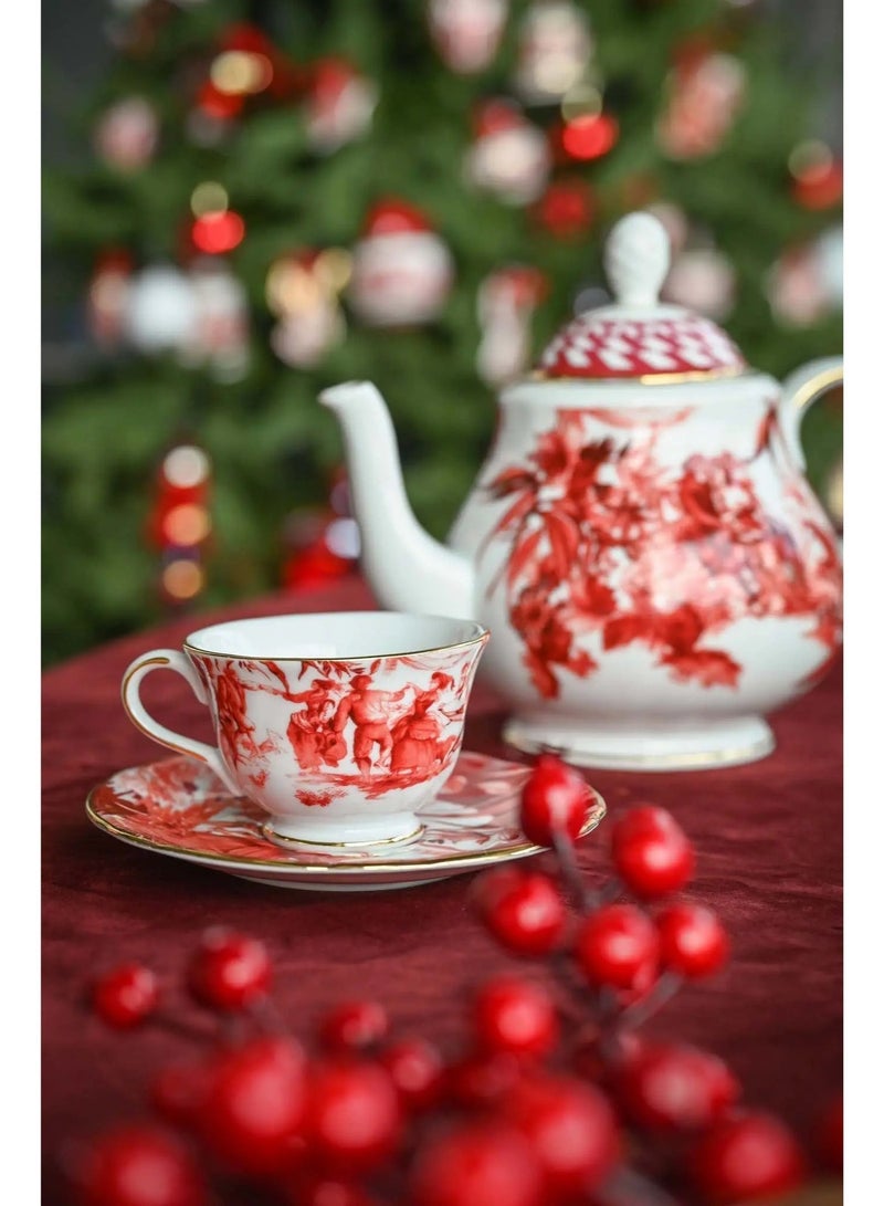 Baci milano Porcelain Tea Set 9 Pieces for 6 Persons – Le Rouge Collection, Teapot, Sugar Bowl, Tea Cups, Gift Cake Plate, Elegant Tableware, Home, Gift, Italian Design by Baci Milano - Image 5