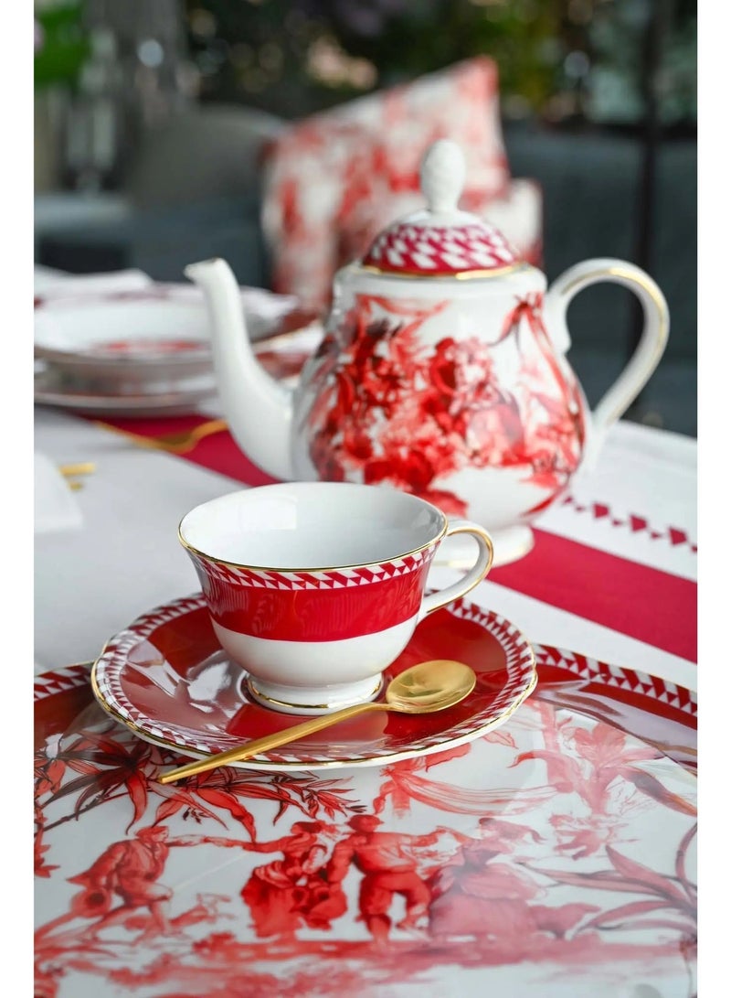 Baci milano Porcelain Tea Set 9 Pieces for 6 Persons – Le Rouge Collection, Teapot, Sugar Bowl, Tea Cups, Gift Cake Plate, Elegant Tableware, Home, Gift, Italian Design by Baci Milano - Image 4