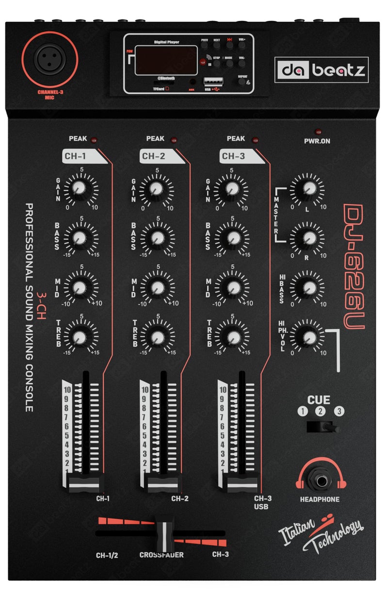 da.beatz. DaBeatz DJ 626U- 3 Channel dj mixer, Audio Mixer With Digital Echo For Parties, Stage Effects, Weddings, Diwali Giving Your Occasion An Impressive Output. (Black) - Image 1