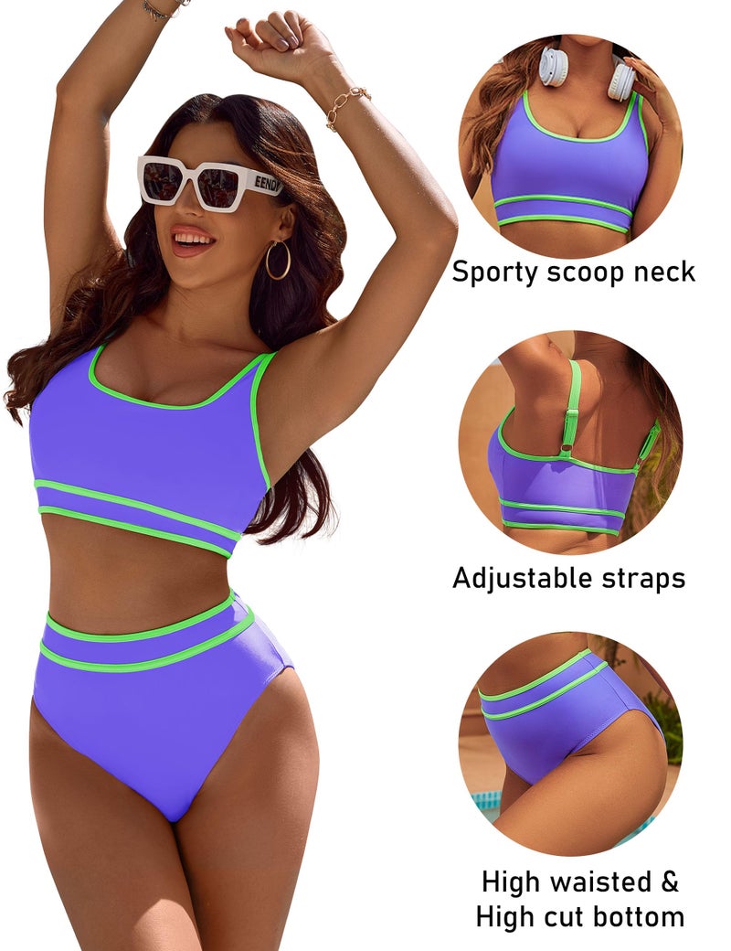 BMJL Women's High Waisted Bikini Sets Sporty Two Piece Swimsuits Color Block Cheeky High Cut Bathing Suits(L,Light Purple) - Image 3
