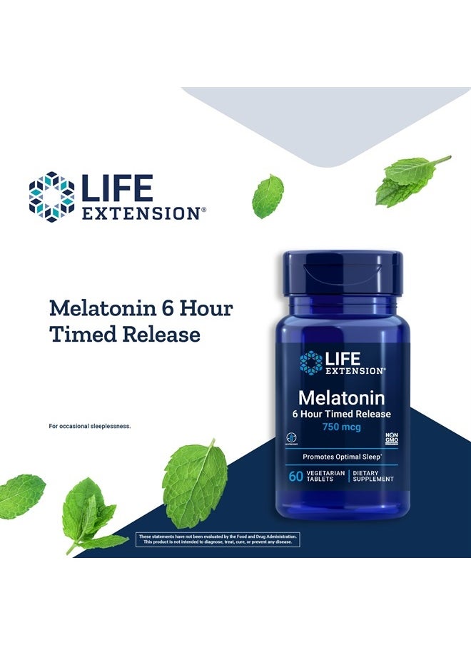 Life Extension - Melatonin 750 mcg 6 Hour Timed Release - Sleep & Cellular Health Support in a Gradual-Release Formula – Melatonin Supplement - Gluten-Free, Non-GMO - 60 Vegetarian Tablets - Image 1