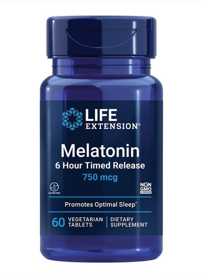 Life Extension - Melatonin 750 mcg 6 Hour Timed Release - Sleep & Cellular Health Support in a Gradual-Release Formula – Melatonin Supplement - Gluten-Free, Non-GMO - 60 Vegetarian Tablets - Image 1