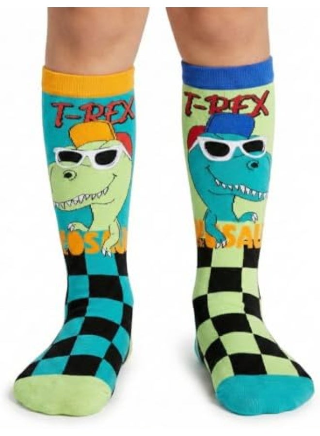 Glitters Kids T-Rex Dinosaur Knee-High Socks – Fun Cartoon Dino Socks with Cool Sunglasses Design – Soft, Colorful & Comfortable Socks for Boys & Girls - Image 1