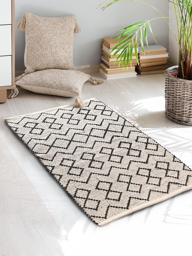 SASHAA WORLD Woven Natural 100 Cotton Rug for Room Kitchen Living Room Dining Bedroom Geometric Design Bold and Contemporary Look Black 120 cm x 80 cm - Image 1