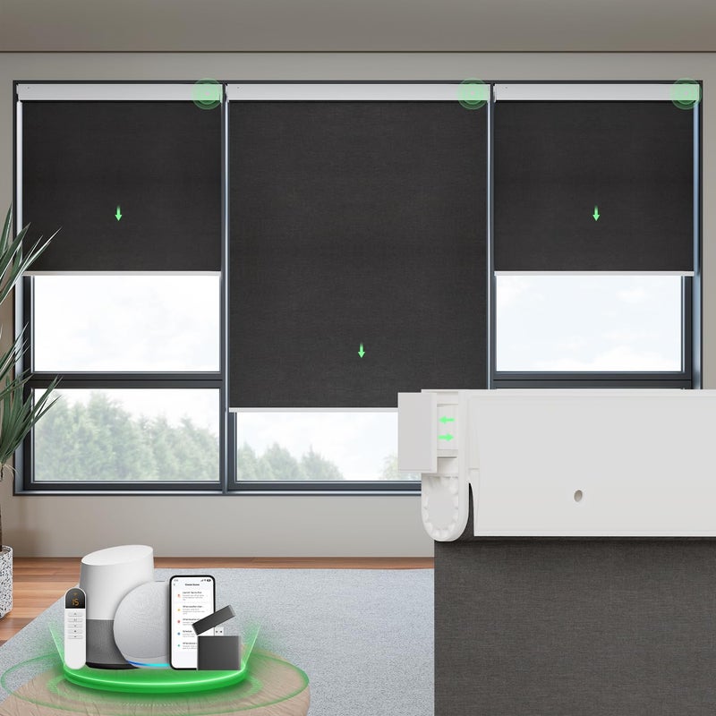 DONGFXK Motorized Blinds with Remote Blackout No Drill Cordless Smart Roller Shades Automatic Blinds for Windows Black29 W x 72 H