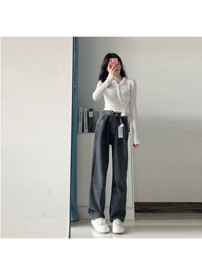 Private Brand جينز نسائي سميك مبطن بالفليس عالي الخصر بتصميم كوري عتيق فضفاض، بنطلونات طويلة عصرية ذات ساق مستقيم وساق واسعة - Image 4