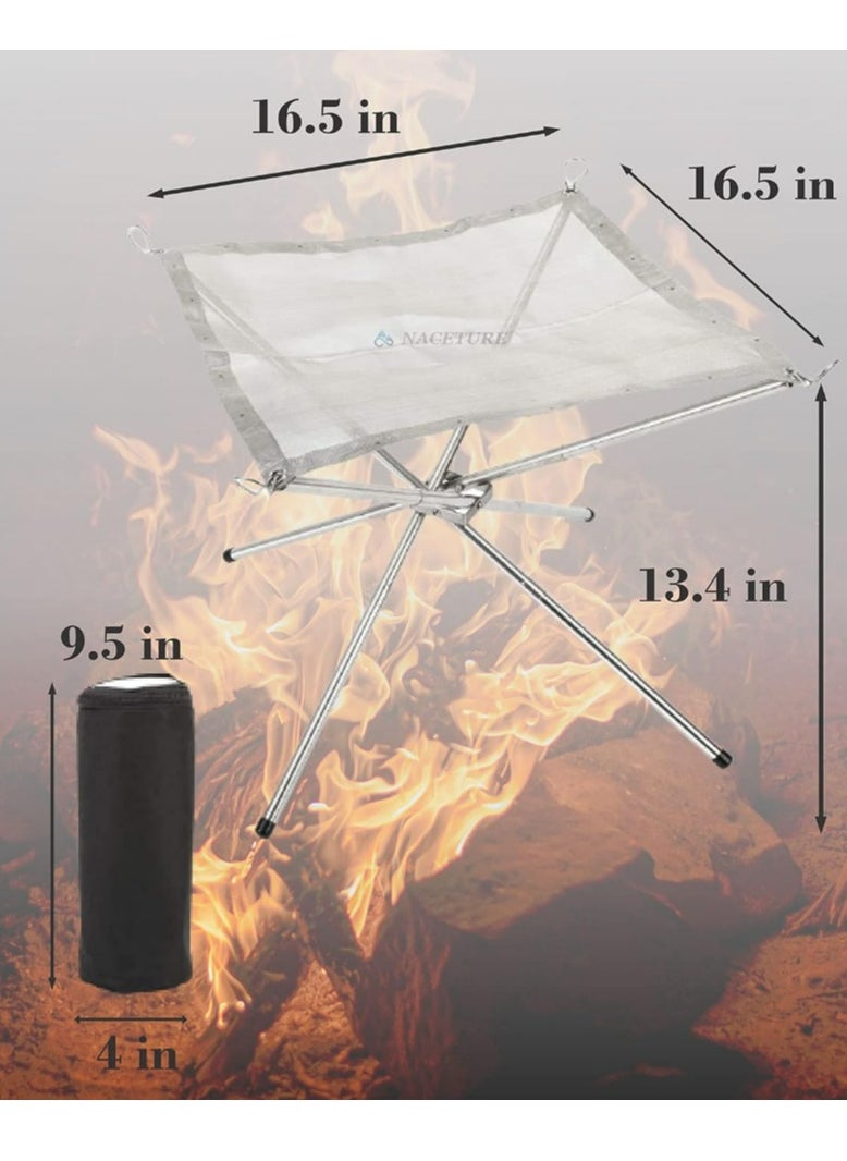 Generic - Portable Fire Pit Outdoor 16.5 Inch Camping Fire Pit Foldable Stainless Steel Mesh Pits Fireplace for BBQ Picnic Heating Bonfire Barbecue Hiking Camping Outdoor Patio Backyard and Garden  (Silver) - Image 1
