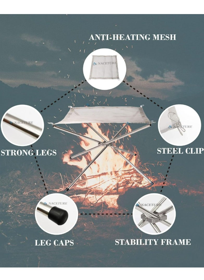 Generic - Portable Fire Pit Outdoor 16.5 Inch Camping Fire Pit Foldable Stainless Steel Mesh Pits Fireplace for BBQ Picnic Heating Bonfire Barbecue Hiking Camping Outdoor Patio Backyard and Garden  (Silver) - Image 1