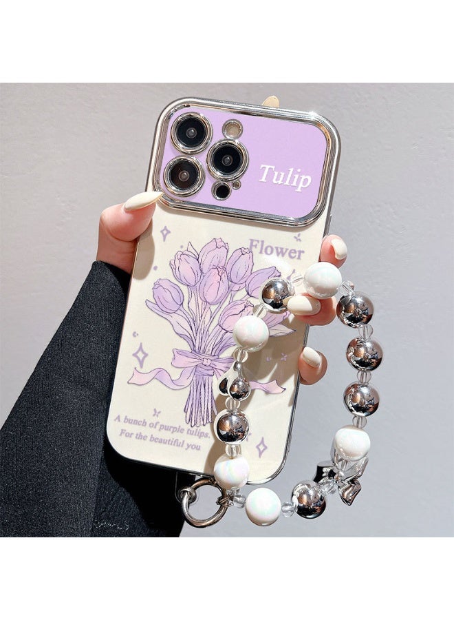 NIBEMINENT Electroplated Flowers Protective TPU Case Cover For iPhone 15, Midsummer Tulips With Silver Heart Beads - Image 1