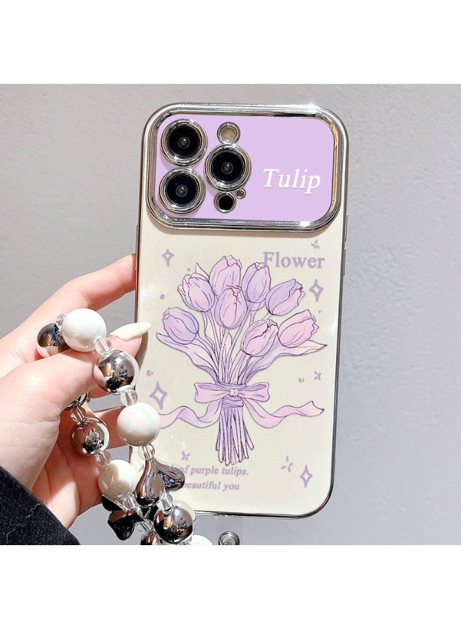 NIBEMINENT Electroplated Flowers Protective TPU Case Cover For iPhone 15, Midsummer Tulips With Silver Heart Beads - Image 3