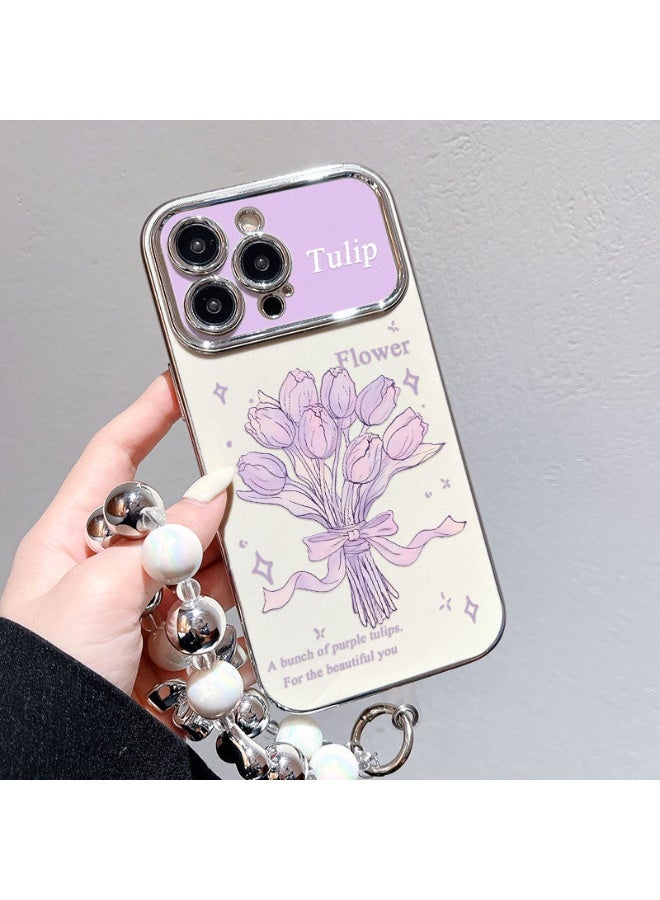 NIBEMINENT Electroplated Flowers Protective TPU Case Cover For iPhone 15, Midsummer Tulips With Silver Heart Beads - Image 2