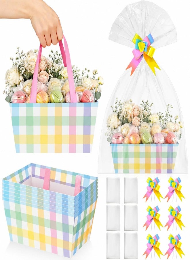 Funnymoom 6 Pack Pastel Plaid Basket for Gifts Empty with Cellophane Bag Pull Bows Plaid Basket Gift Box for Wedding Birthday Party Favors, 9.8 x 6.5 Inch - Image 1