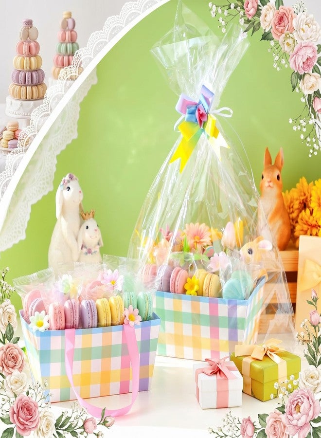 Funnymoom 6 Pack Pastel Plaid Basket for Gifts Empty with Cellophane Bag Pull Bows Plaid Basket Gift Box for Wedding Birthday Party Favors, 9.8 x 6.5 Inch - Image 2