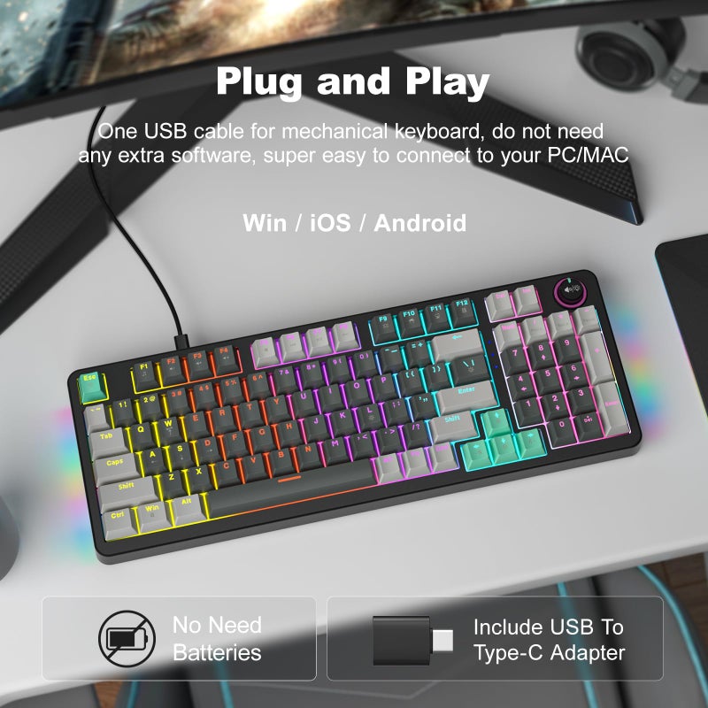 GEEZER Mechanical Gaming Keyboard with LED Backlit, Blue Switch, Volume Knob, 96 Keys Full Size Compact USB Wired Computer Keyboards for Office Windows Laptop PC & Mac Gamer - Grey & Black - Image 2