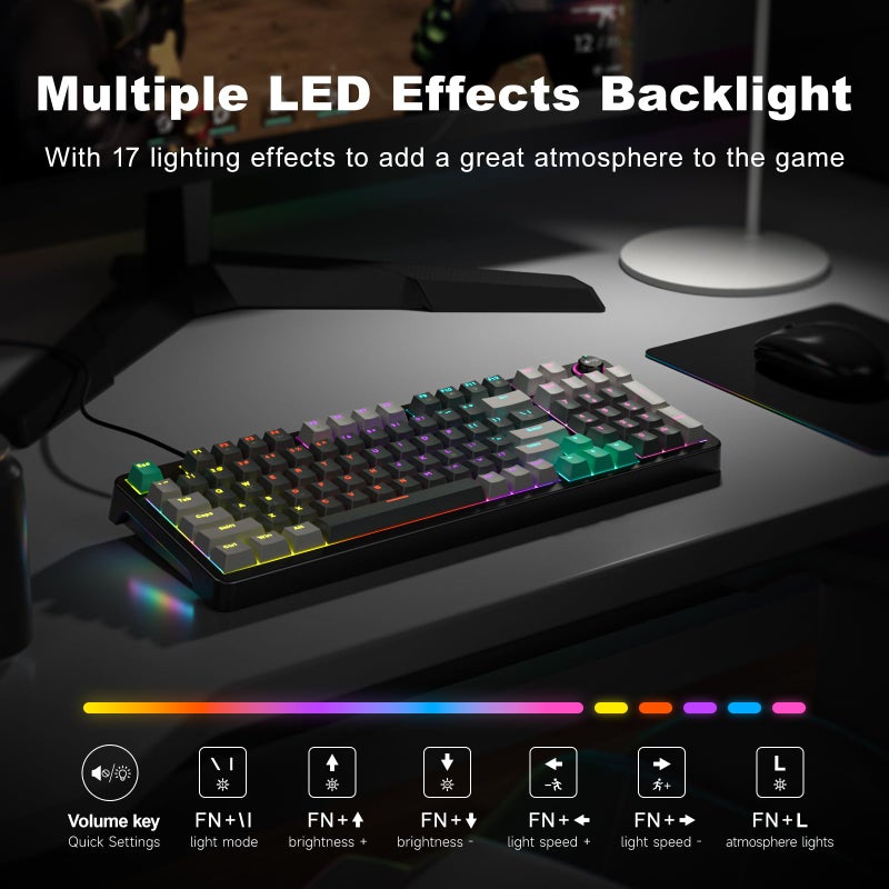 GEEZER Mechanical Gaming Keyboard with LED Backlit, Blue Switch, Volume Knob, 96 Keys Full Size Compact USB Wired Computer Keyboards for Office Windows Laptop PC & Mac Gamer - Grey & Black - Image 3