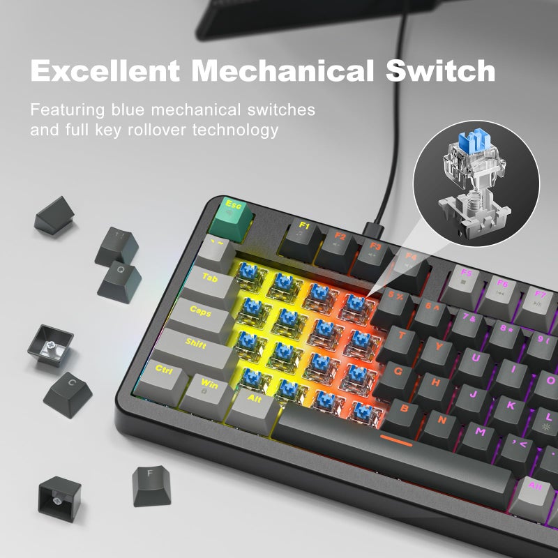 GEEZER Mechanical Gaming Keyboard with LED Backlit, Blue Switch, Volume Knob, 96 Keys Full Size Compact USB Wired Computer Keyboards for Office Windows Laptop PC & Mac Gamer - Grey & Black - Image 4