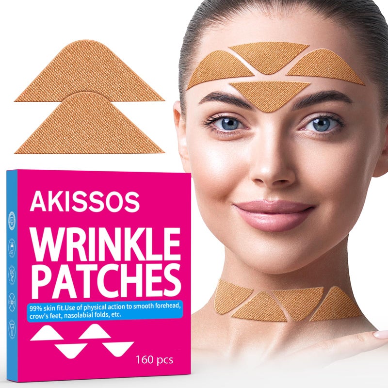 Akissos Forehead Wrinkle Patches 160 PCS Face Tape for Wrinkle Easy to Use & Effective Anti-Aging Triangular Cotton Face Lift Tape for Smooth Younger Looking Full Face & Neck