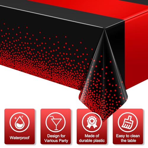 MASHAN 3Pcs Black and Red Tablecloth Party Decorations,Plastic Black Table Cloth Printed Red Table Runner Disposable Rectangle Cover for Birthday Weeding Anniversary Graduation Party,54 x108 Inch - Image 3
