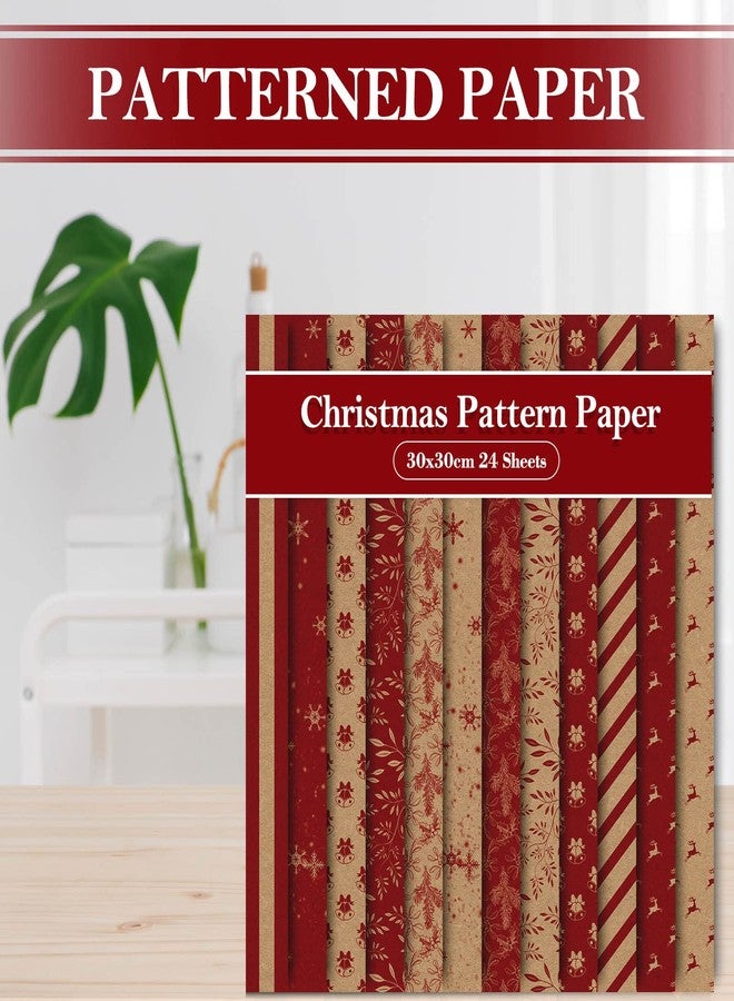 Whaline 24 Pack Christmas Pattern Papers Rustic Xmas Scrapbook Paper 12 Designs Double-Sided Kraft Red Craft Paper Folded Flat for DIY Card Making Photo Album Decor - Image 4