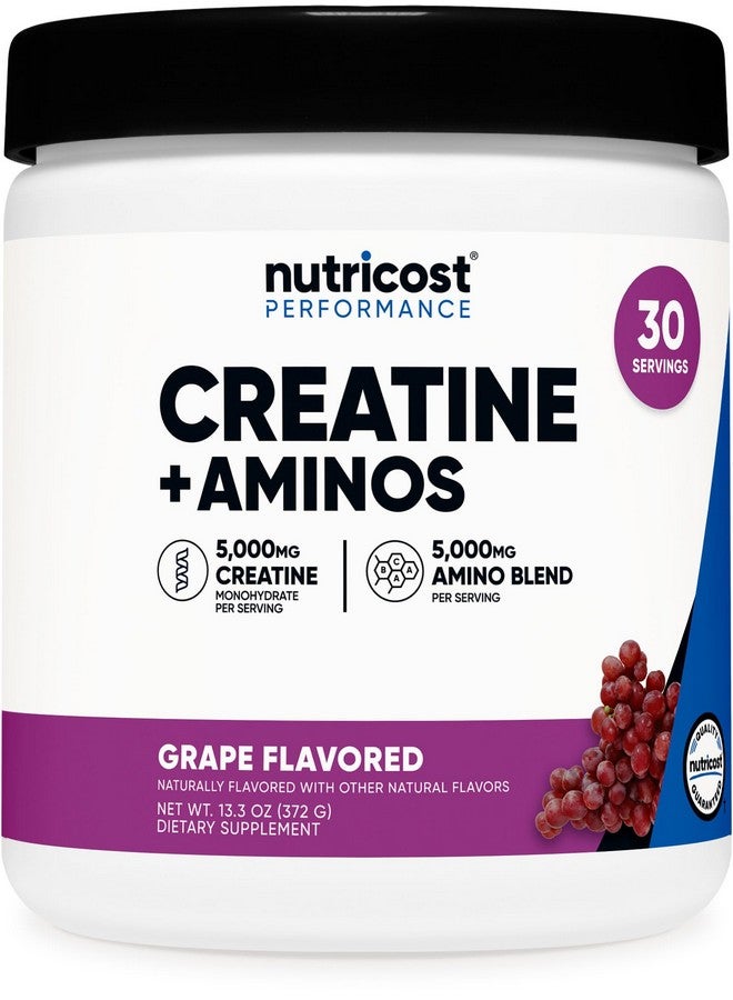 Nutricost Creatine + Aminos 30 Servings (Grape Flavored) - 5,000mg Creatine Monohydrate + 5000mg Amino BCAA Blend Per Serving - Image 1