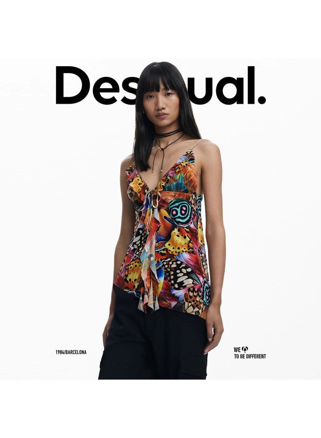 DESIGUAL قمة بدون أكمام على شكل حرف V بطبعة فراشة تجريدية من الربيع والصيف - Image 3
