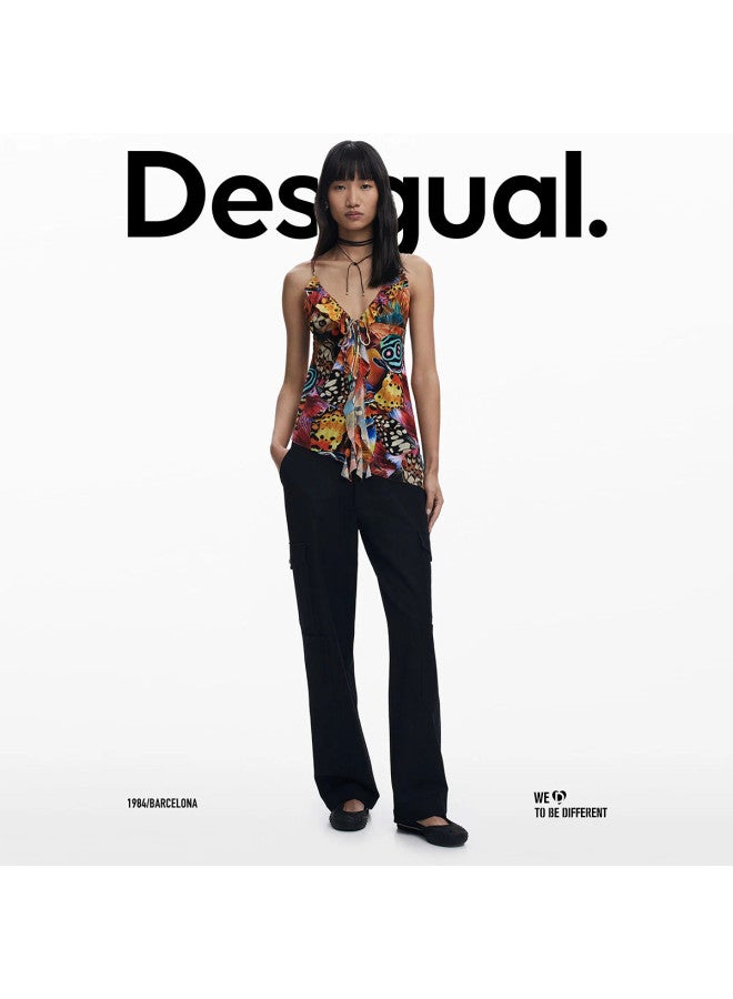 DESIGUAL قمة بدون أكمام على شكل حرف V بطبعة فراشة تجريدية من الربيع والصيف - Image 4