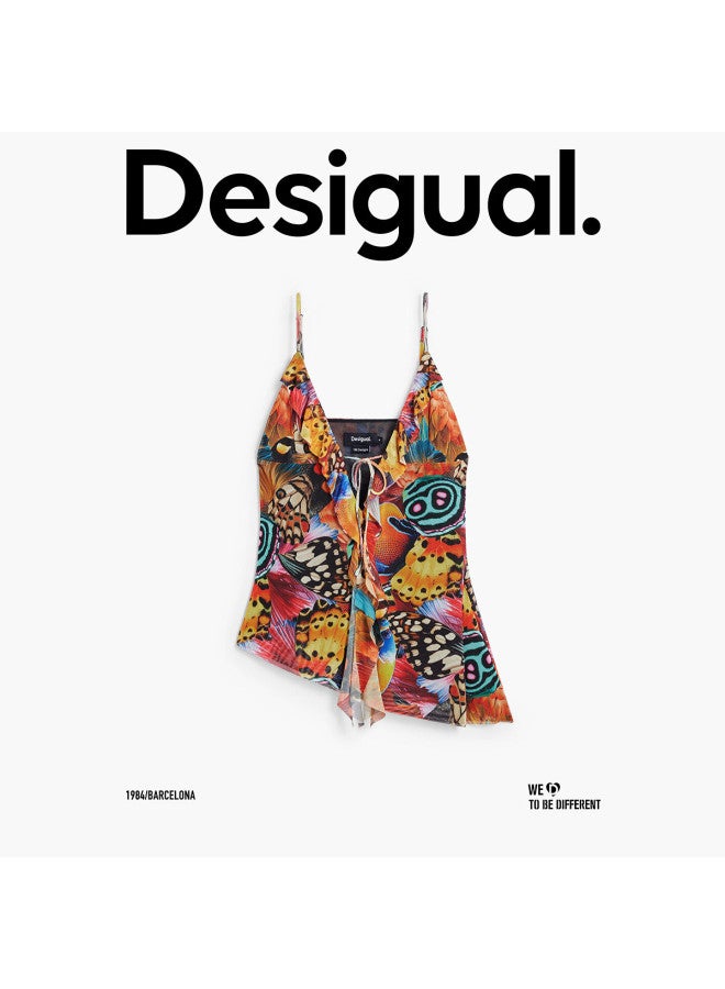 DESIGUAL قمة بدون أكمام على شكل حرف V بطبعة فراشة تجريدية من الربيع والصيف - Image 2