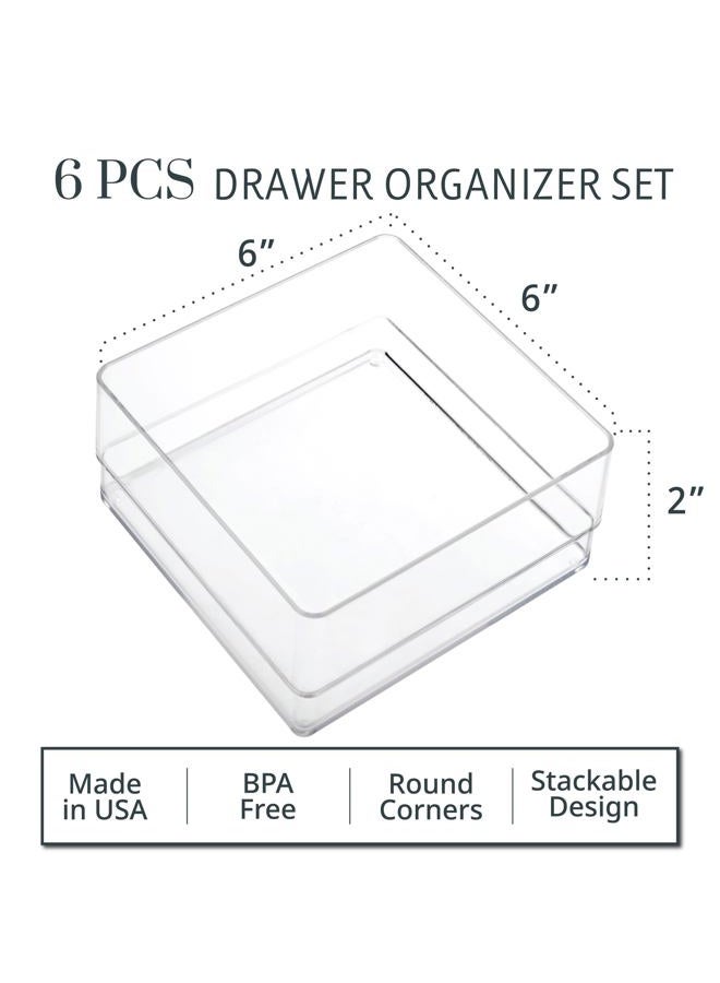 STORi SimpleSort 6-Piece Stackable Clear Drawer Organizer Set | 6" x 6" x 2" Square Trays | Small Makeup Vanity Storage Bins and Office Desk Drawer Dividers | Made in USA - Image 2