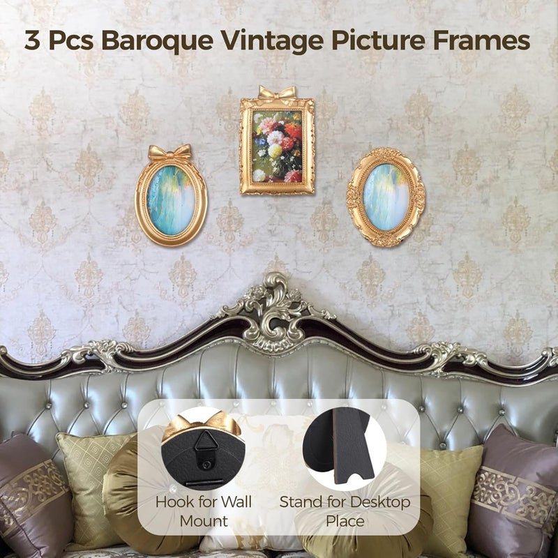 3-Piece Embossed Baroque Picture Frames Set, Antique Mini Photo Frames for Wall & Tabletop Display - Image 3