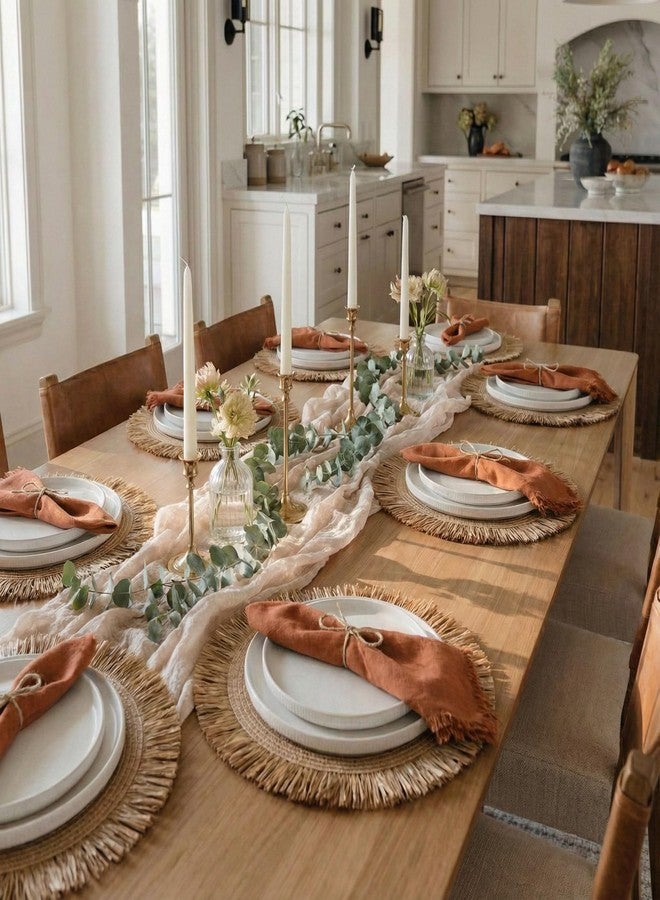 KIBAGA Beautiful Boho Placemats and Napkins Set of 6 - Handmade Woven Cotton, Burlap & Straw Table Decor for Dining Room, Kitchen, or Farmhouse-Style Tables - Image 2