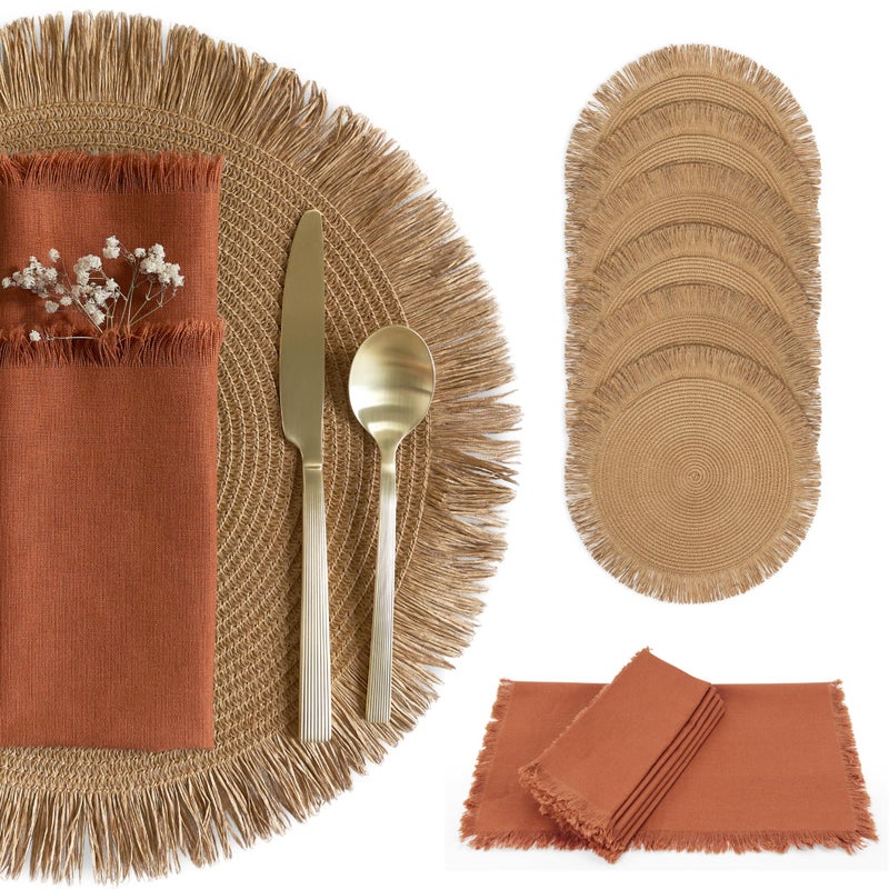 KIBAGA Beautiful Boho Placemats and Napkins Set of 6 - Handmade Woven Cotton, Burlap & Straw Table Decor for Dining Room, Kitchen, or Farmhouse-Style Tables - Image 1