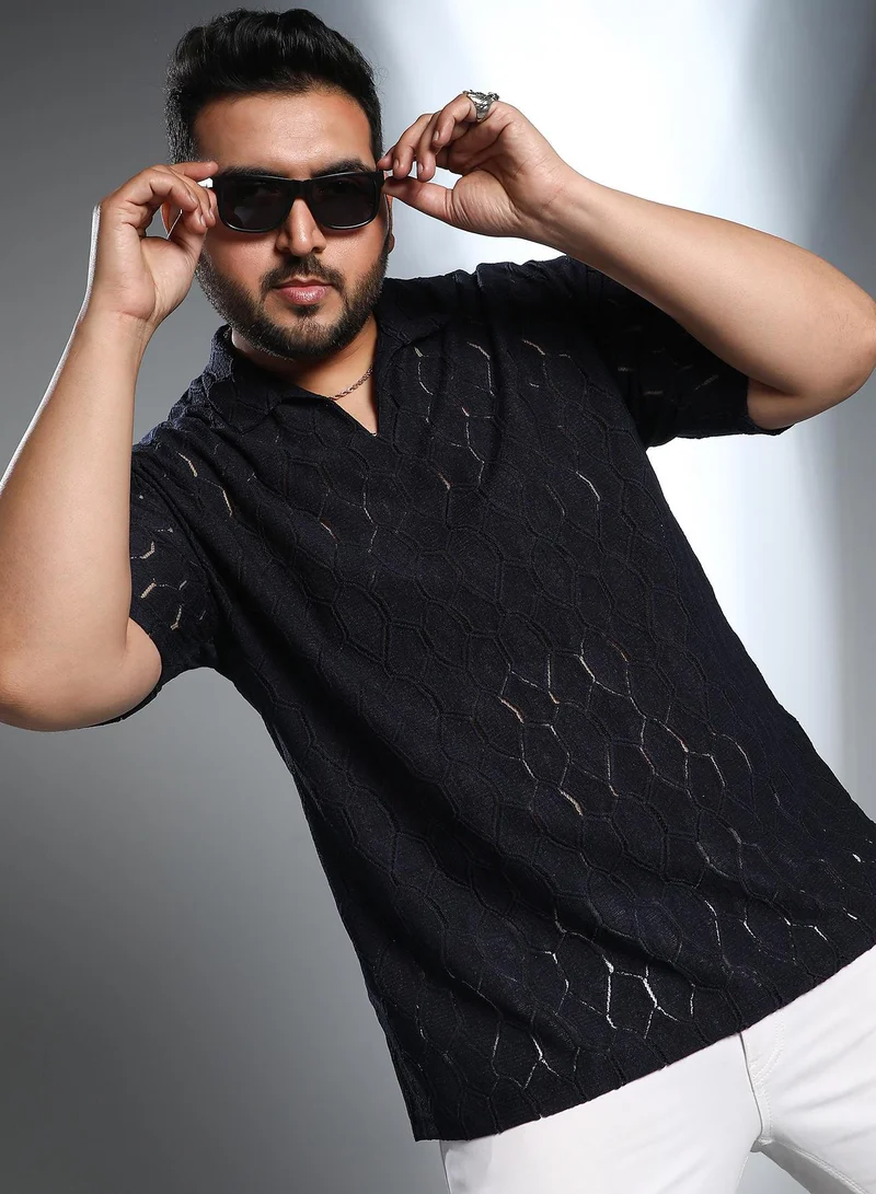 Instafab Plus Men's Navy Blue Honeycomb-Knit Polo T-Shirt