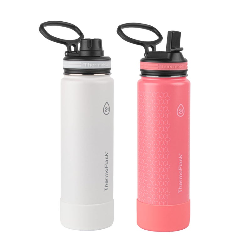 Thermoflask 24 oz Bottle with Spout and Straw Lid - Stainless Steel, Double-Wall Insulation & BPA-Free - Leakproof, Resuable - White/Coral (2 Pack) - Image 1