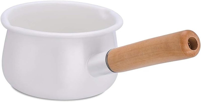 YumCute Home YumCute Home Enamel Milk Pan with Dual Pour Spout Butter Warmer Milk Pot for Stove Top Healthy White Enameled Inside Coating Iron 1QT Small Soup Pot with Wooden Handle White
