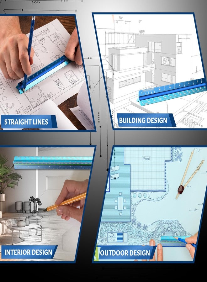 ستيلو مسطرة هندسية معمارية من الألومنيوم مقاس 12 بوصة، محفورة بالليزر على شكل مثلث، مزودة بأخاديد مرمزة بالألوان للمخططات والرسم الهندسي، مسطرة بمقياس معماري للمخططات (أزرق فاتح، وحدات إمبراطورية). - Image 5