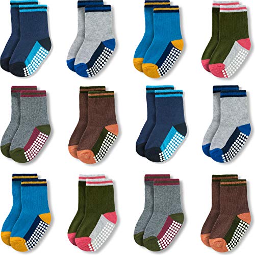 JAKIDAR 12 Pack Baby Toddler Socks Non Slip Grip Cotton Crew Socks for Boys Girls Infants Kids, Multicolor Block, 6-12 Months - Image 1