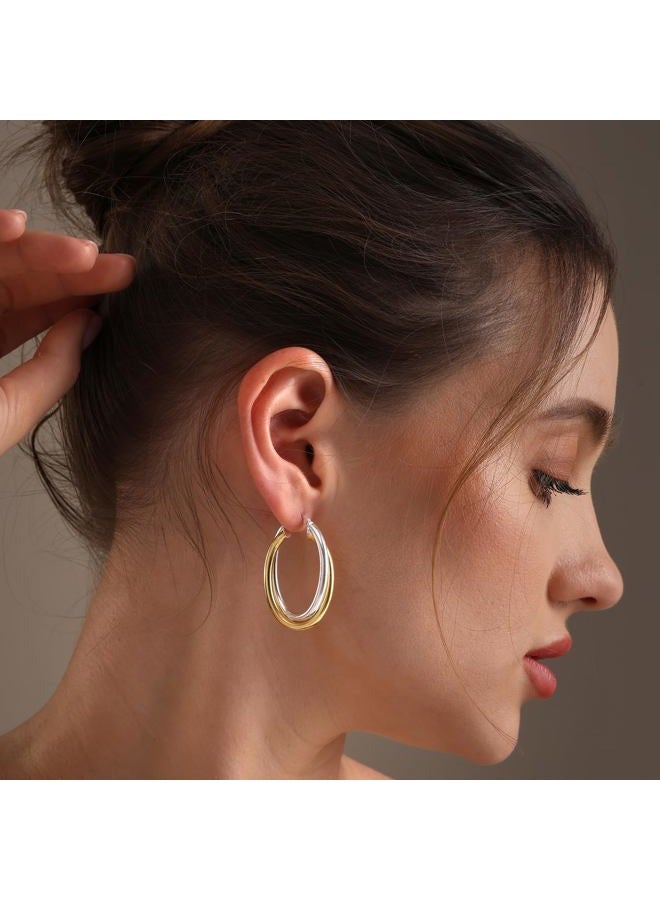 LeCalla 925 Sterling Silver Two-Tone Hoop Earrings for Women | 14K Gold-Plated Intertwining Large Oval Shape Hoops Earring 40MM, Sterling Silver, No Gemstone - Image 2