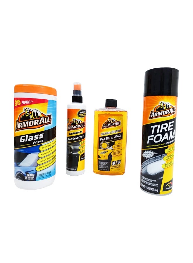 Armor All 4-Piece Complete Car Care Kit with Original Protectant, Glass Wipes, Ultra Shine Wash & Wax and Tire Foam Protectant for Interior & Exterior Cleaning - Image 4