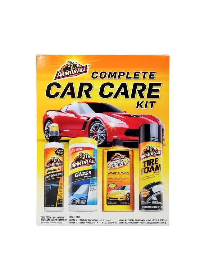 Armor All 4-Piece Complete Car Care Kit with Original Protectant, Glass Wipes, Ultra Shine Wash & Wax and Tire Foam Protectant for Interior & Exterior Cleaning - Image 1